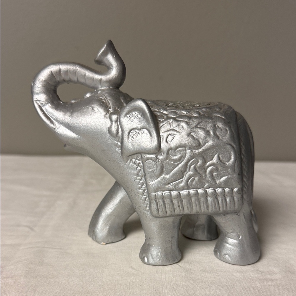 Silver Elephant Figurine Decorative Ceramic Statue Raised Trunk